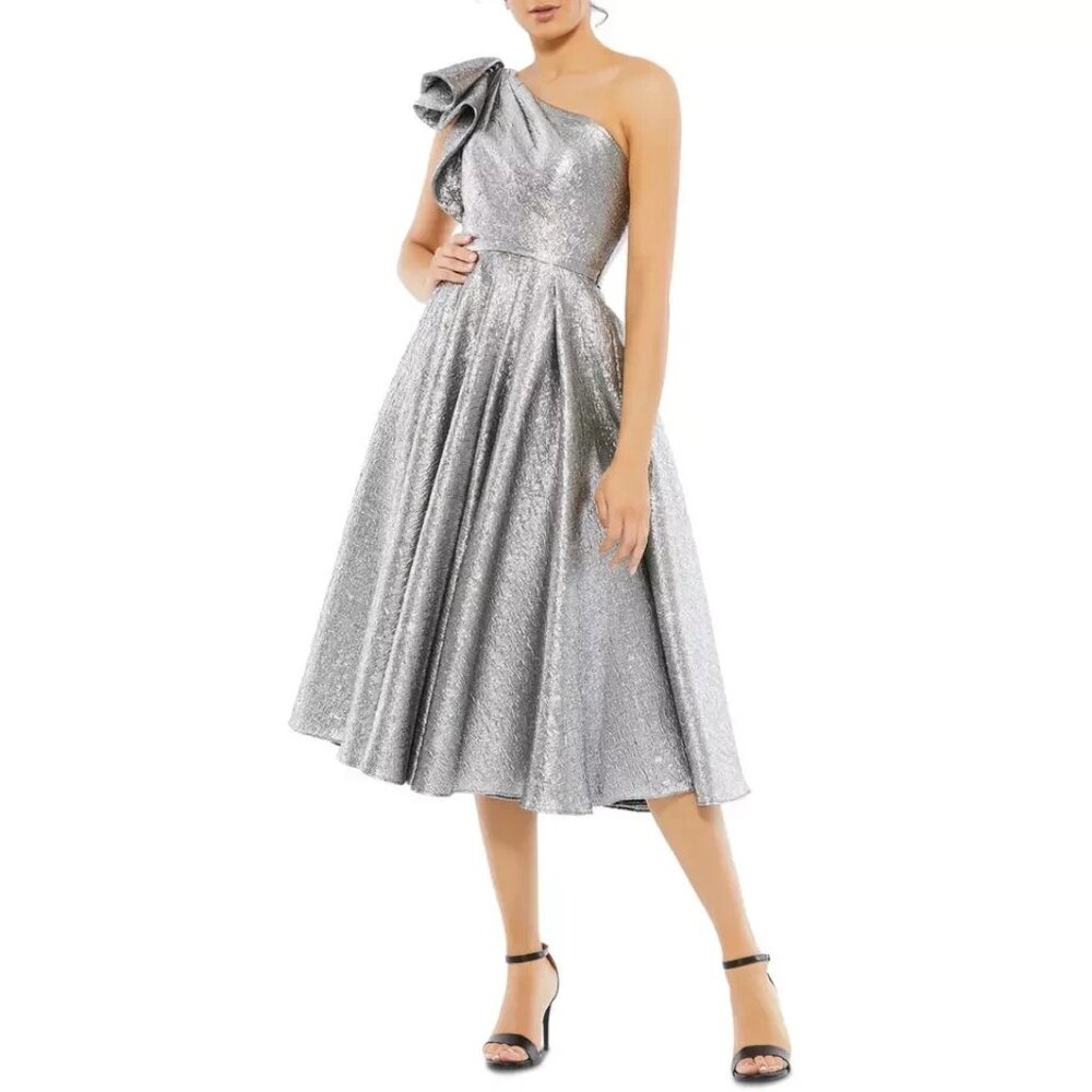 Mac Duggal Silver One-Shoulder Metallic Brocade Midi Cocktail Dress 67906